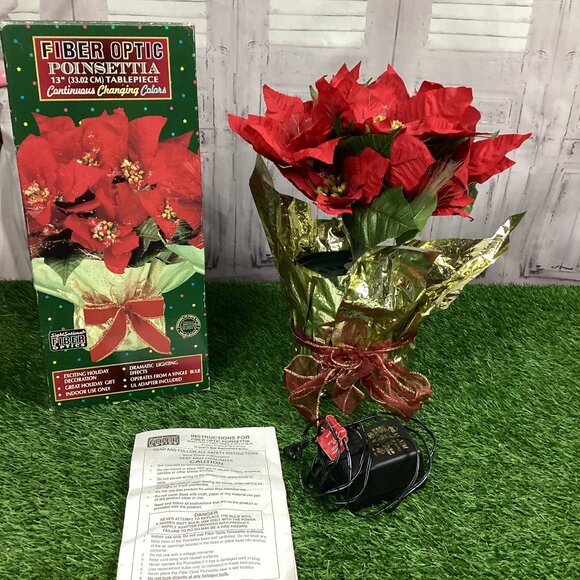 Vintage Fiber Optic Poinsettia 13" Red Works - Picture 1 of 13